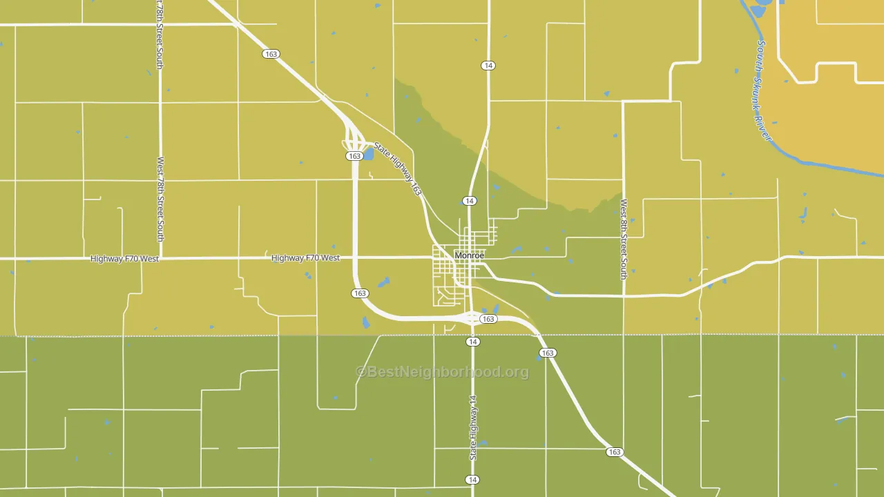 Map of the best neighborhoods in the 50170 area, with better matches in green and worse matches in red