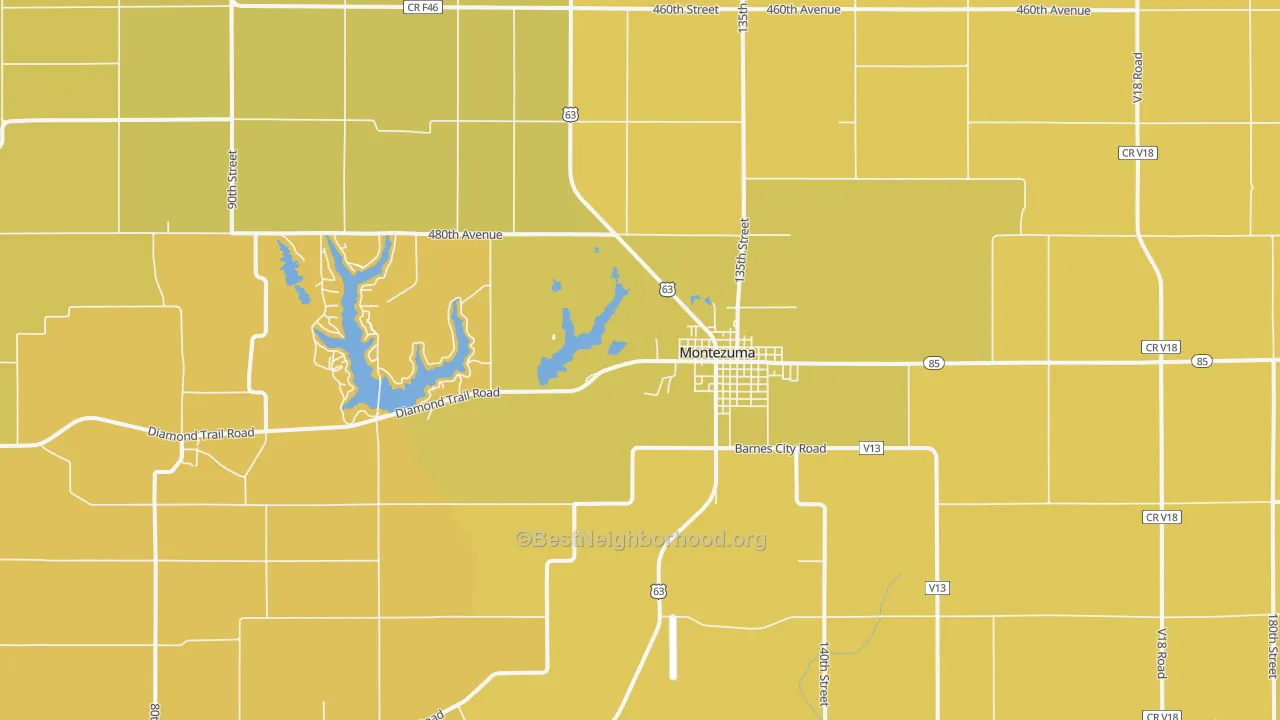Map of the best neighborhoods in the 50171 area, with better matches in green and worse matches in red