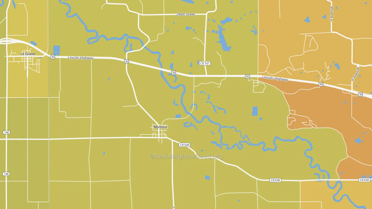 Map of the best neighborhoods in the 50173 area, with better matches in green and worse matches in red