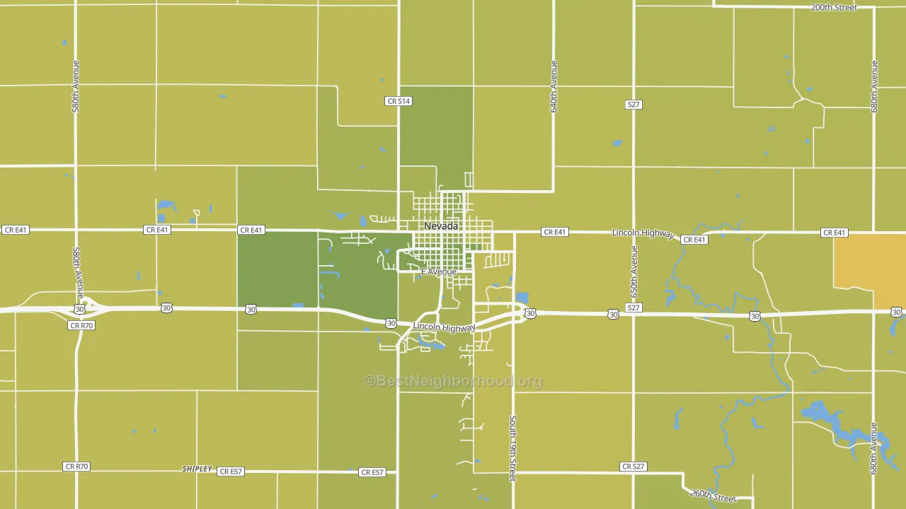 Map of the best neighborhoods in the 50201 area, with better matches in green and worse matches in red