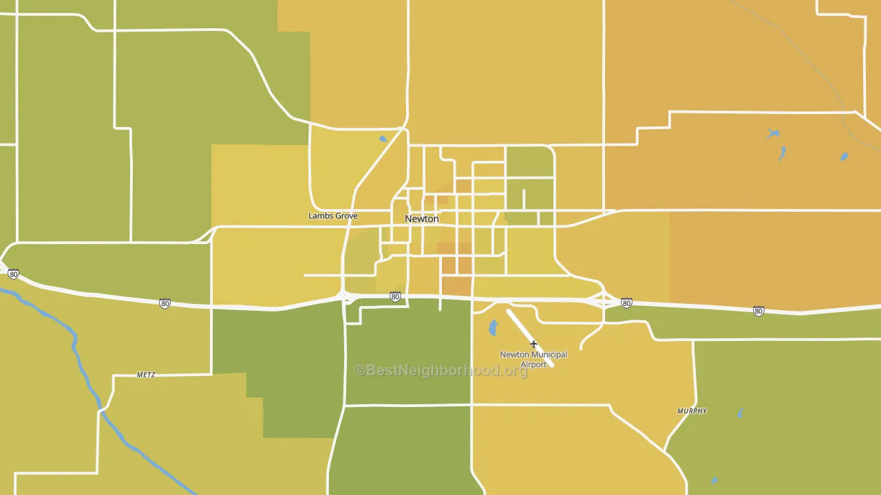 Map of the best neighborhoods in the 50208 area, with better matches in green and worse matches in red