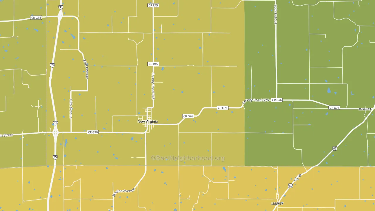 Map of the best neighborhoods in the 50210 area, with better matches in green and worse matches in red