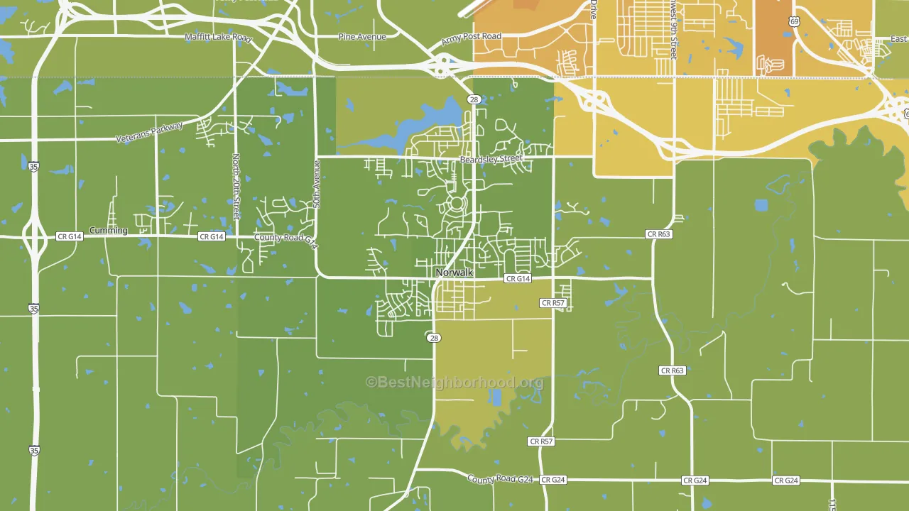 Map of the best neighborhoods in the 50211 area, with better matches in green and worse matches in red