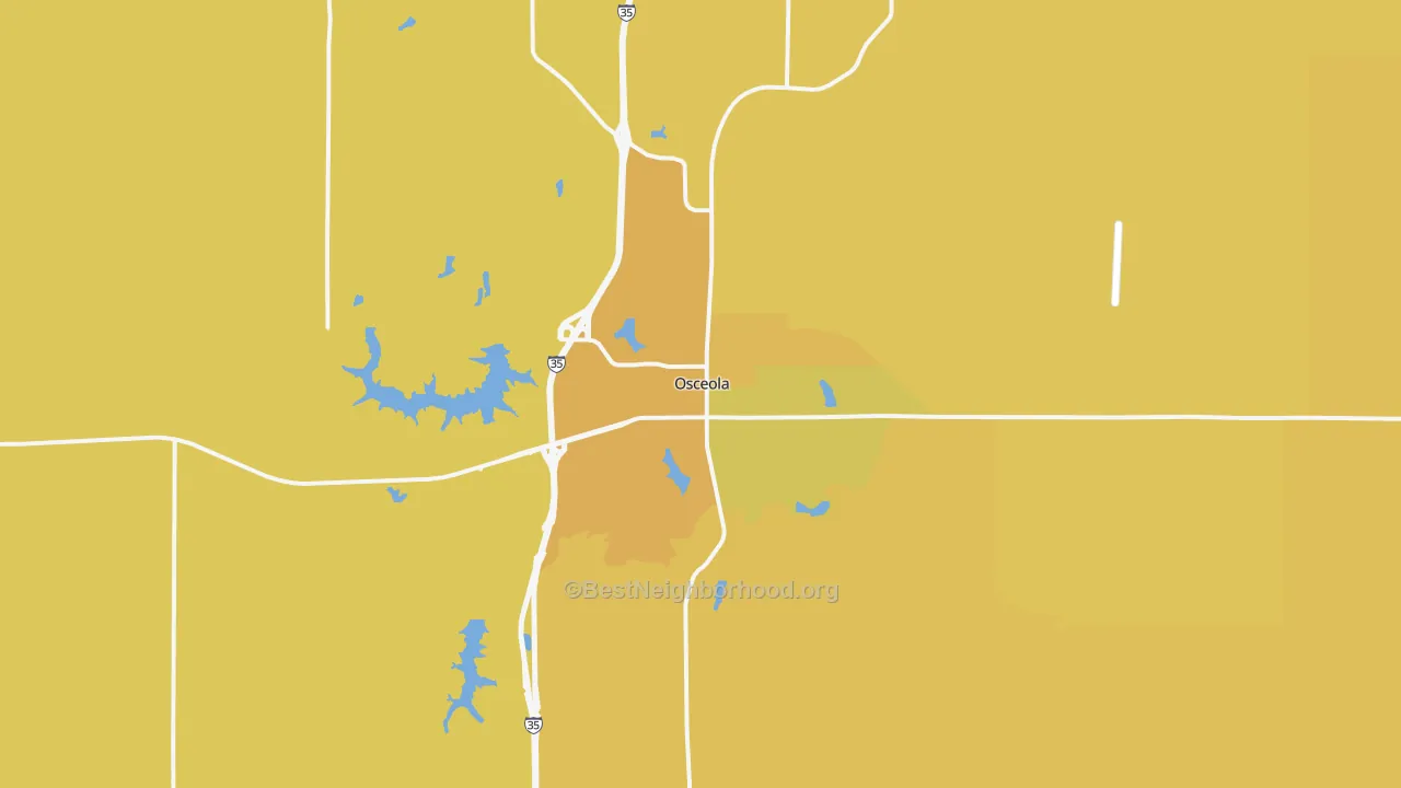 Map of the best neighborhoods in the 50213 area, with better matches in green and worse matches in red