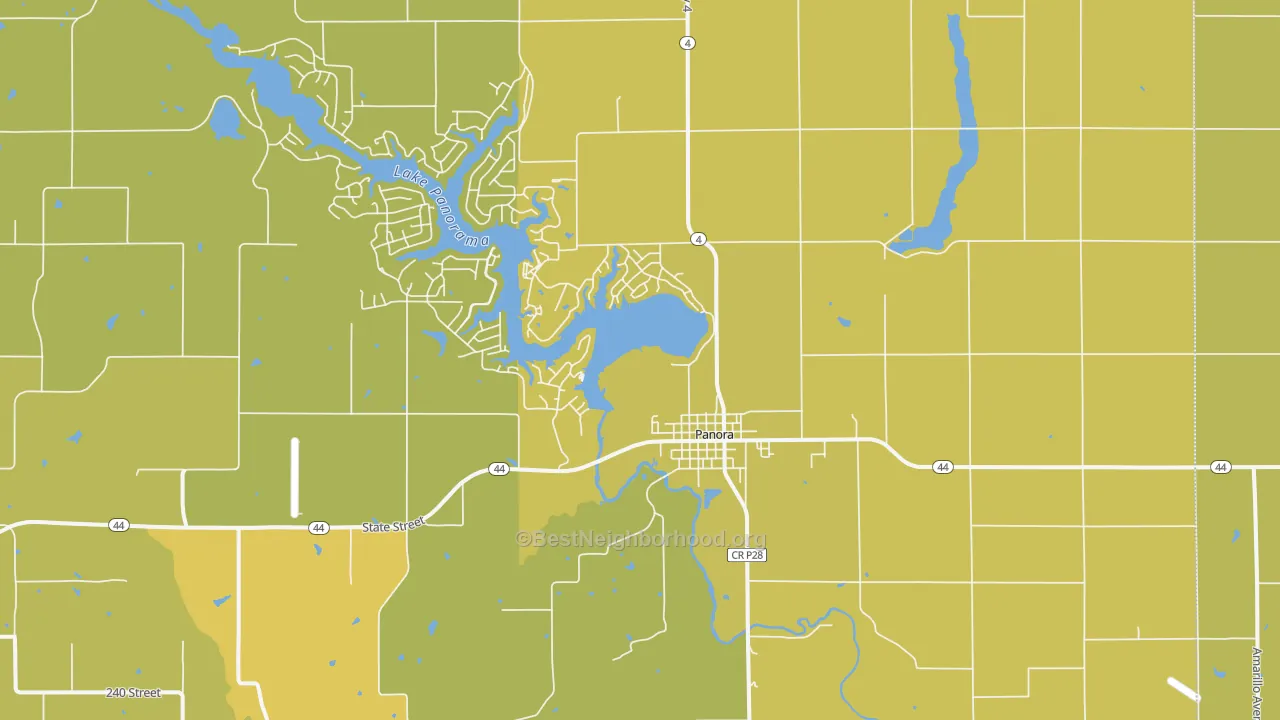 Map of the best neighborhoods in the 50216 area, with better matches in green and worse matches in red