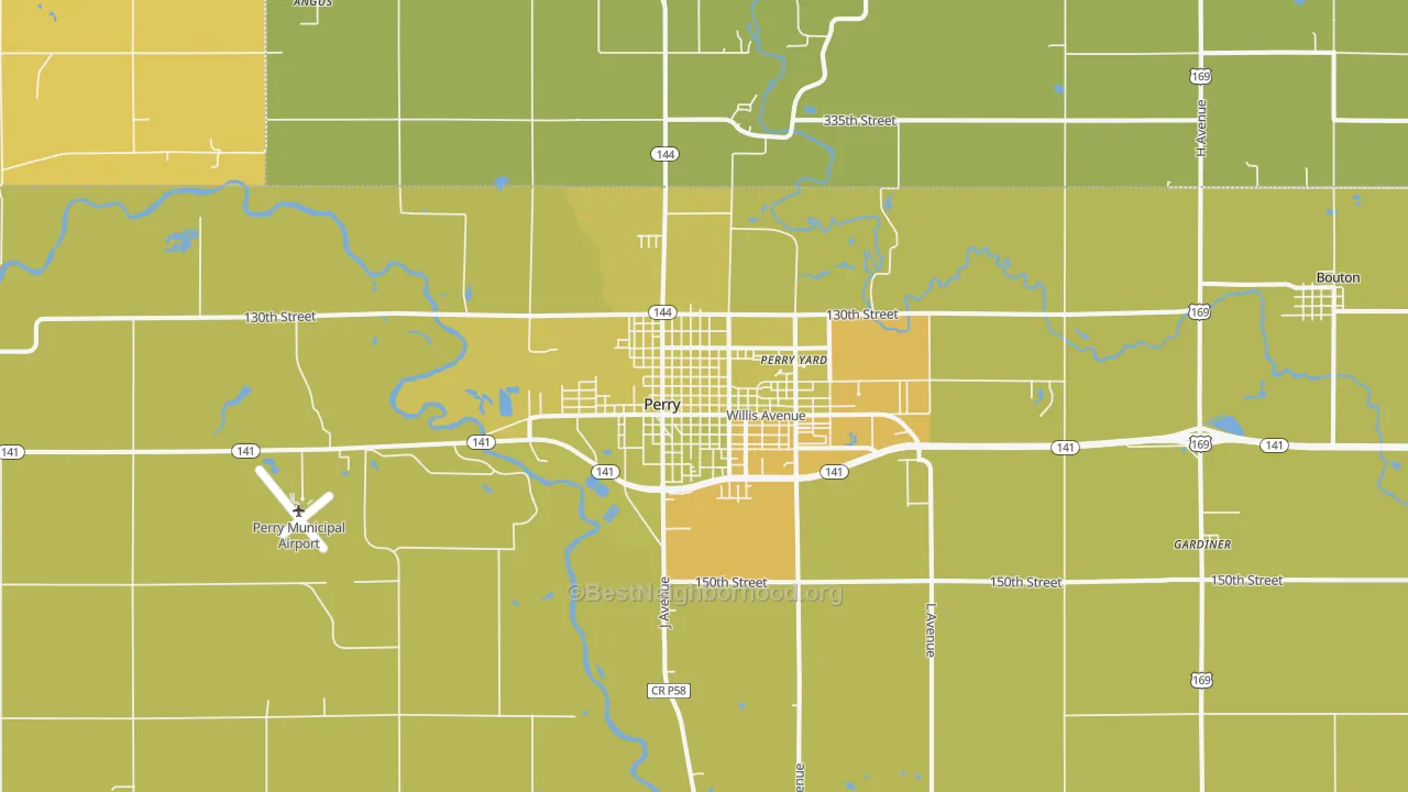 Map of the best neighborhoods in the 50220 area, with better matches in green and worse matches in red