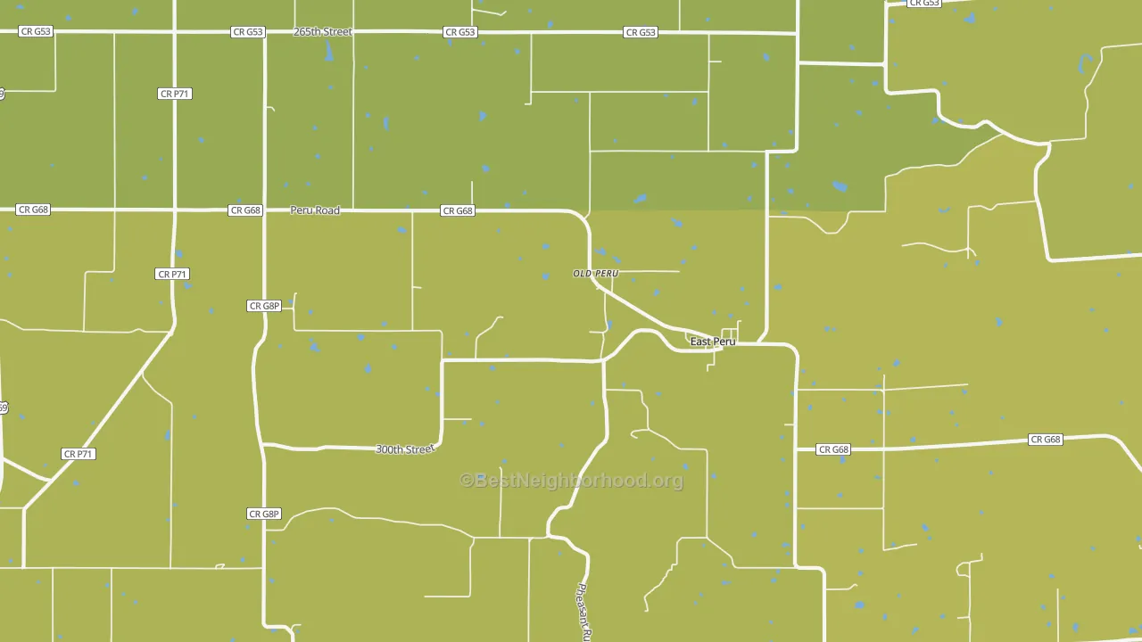 Map of the best neighborhoods in the 50222 area, with better matches in green and worse matches in red