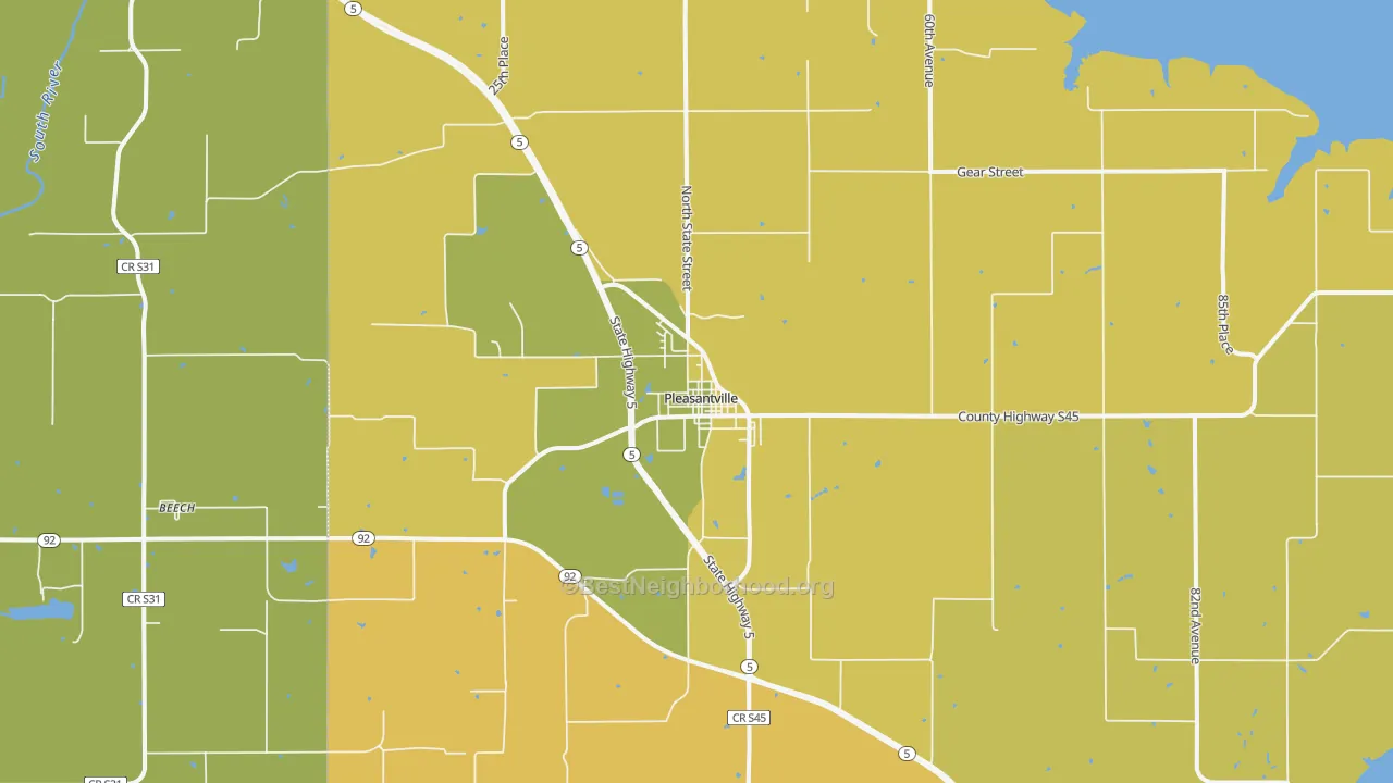 Map of the best neighborhoods in the 50225 area, with better matches in green and worse matches in red