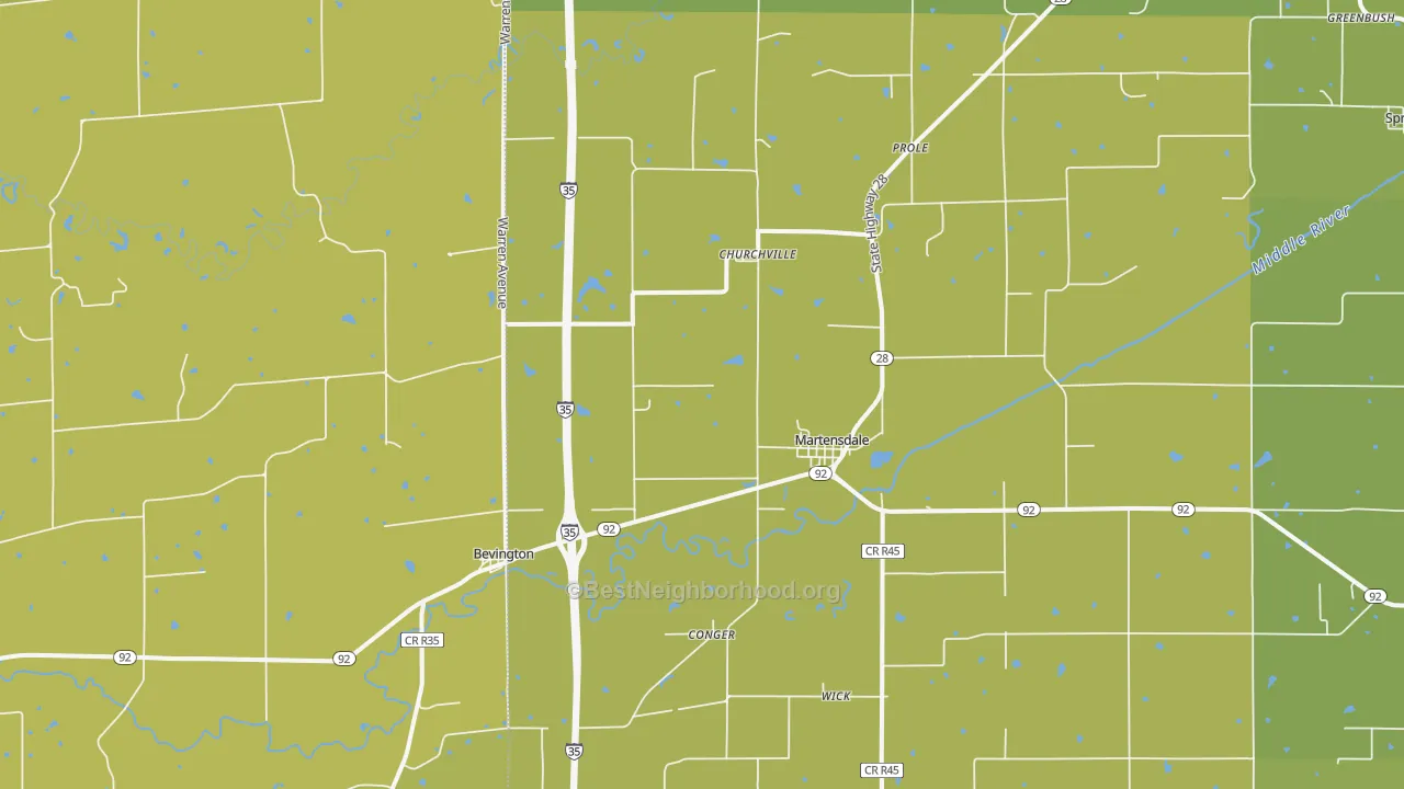 Map of the best neighborhoods in the 50229 area, with better matches in green and worse matches in red