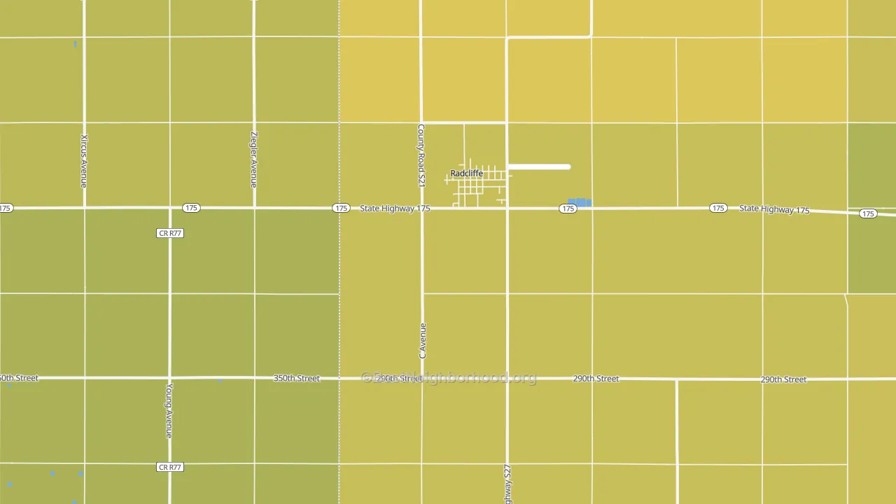 Map of the best neighborhoods in the 50230 area, with better matches in green and worse matches in red