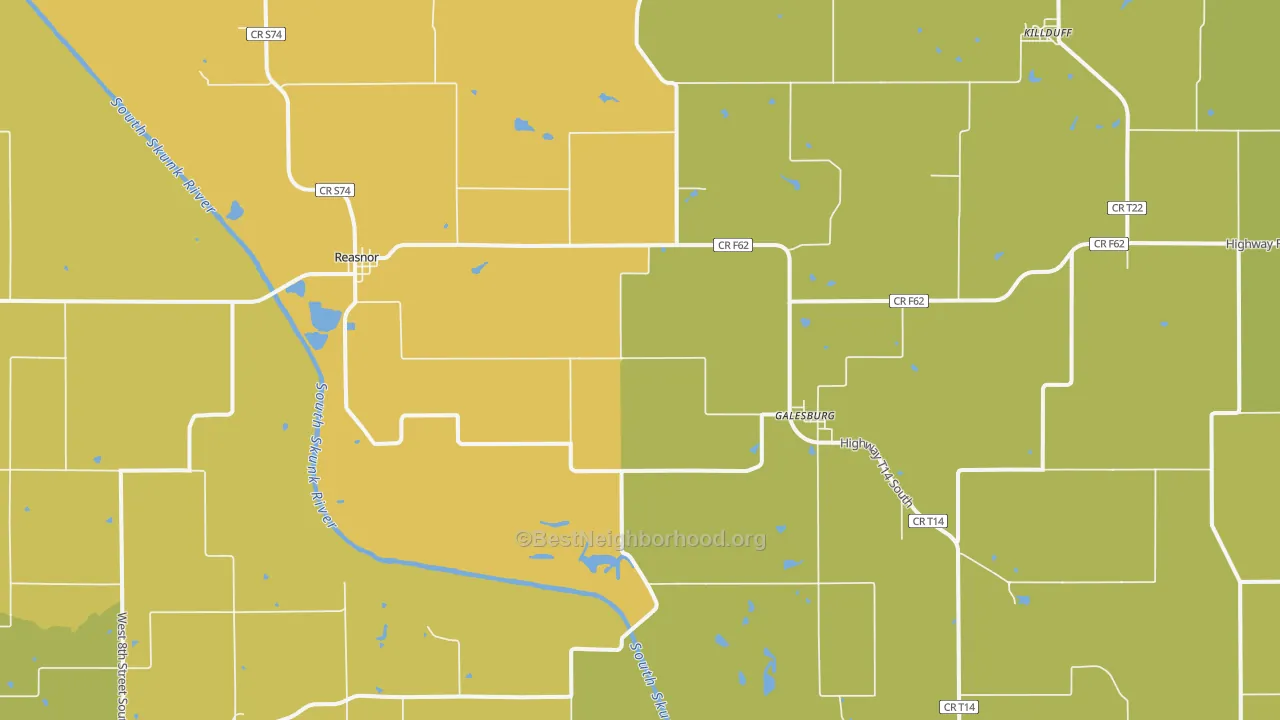 Map of the best neighborhoods in the 50232 area, with better matches in green and worse matches in red