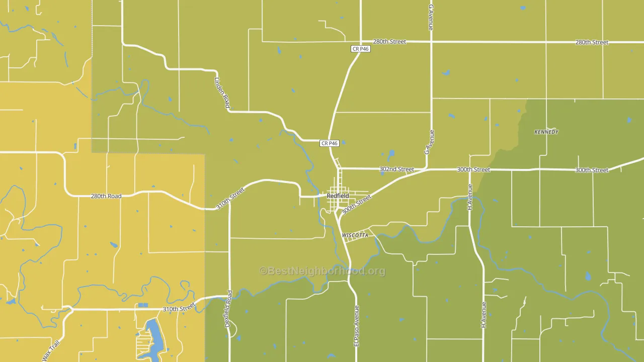Map of the best neighborhoods in the 50233 area, with better matches in green and worse matches in red