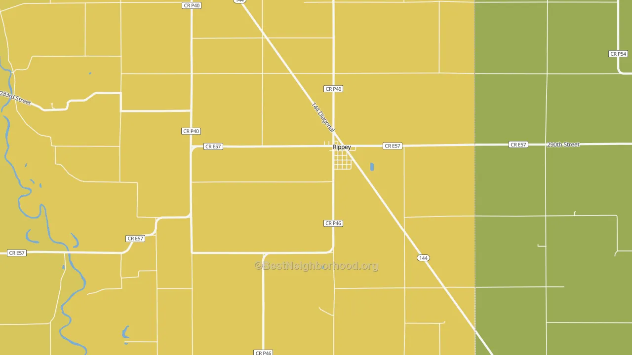 Map of the best neighborhoods in the 50235 area, with better matches in green and worse matches in red