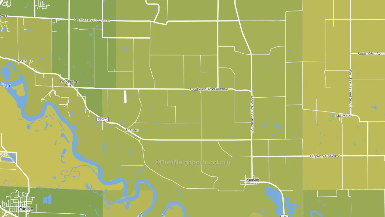 Map of the best neighborhoods in the 50237 area, with better matches in green and worse matches in red