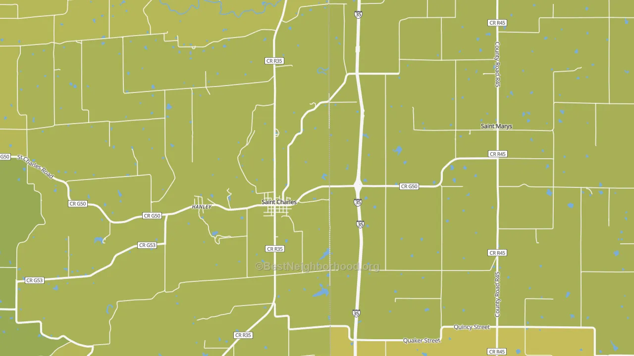 Map of the best neighborhoods in the 50240 area, with better matches in green and worse matches in red