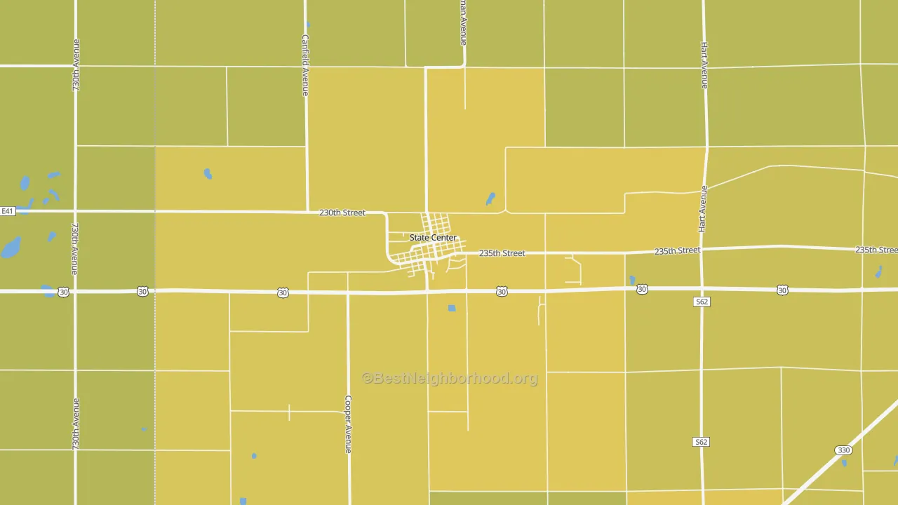 Map of the best neighborhoods in the 50247 area, with better matches in green and worse matches in red