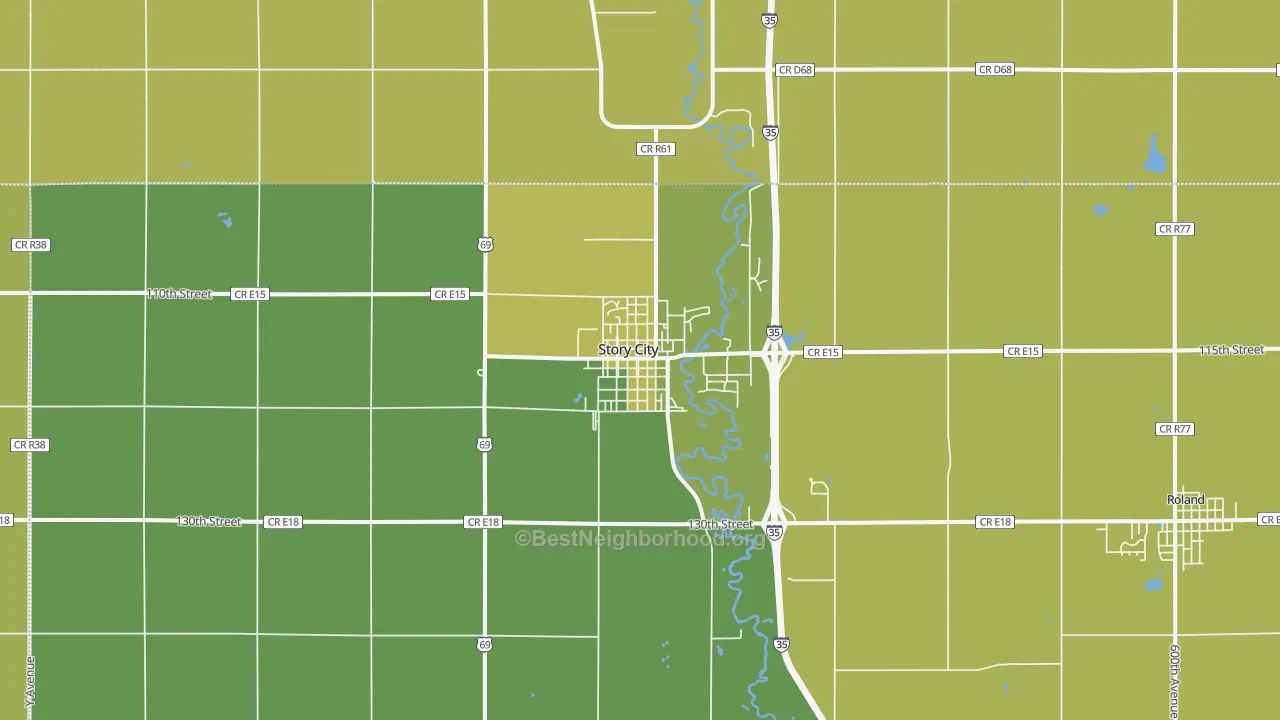 Map of the best neighborhoods in the 50248 area, with better matches in green and worse matches in red