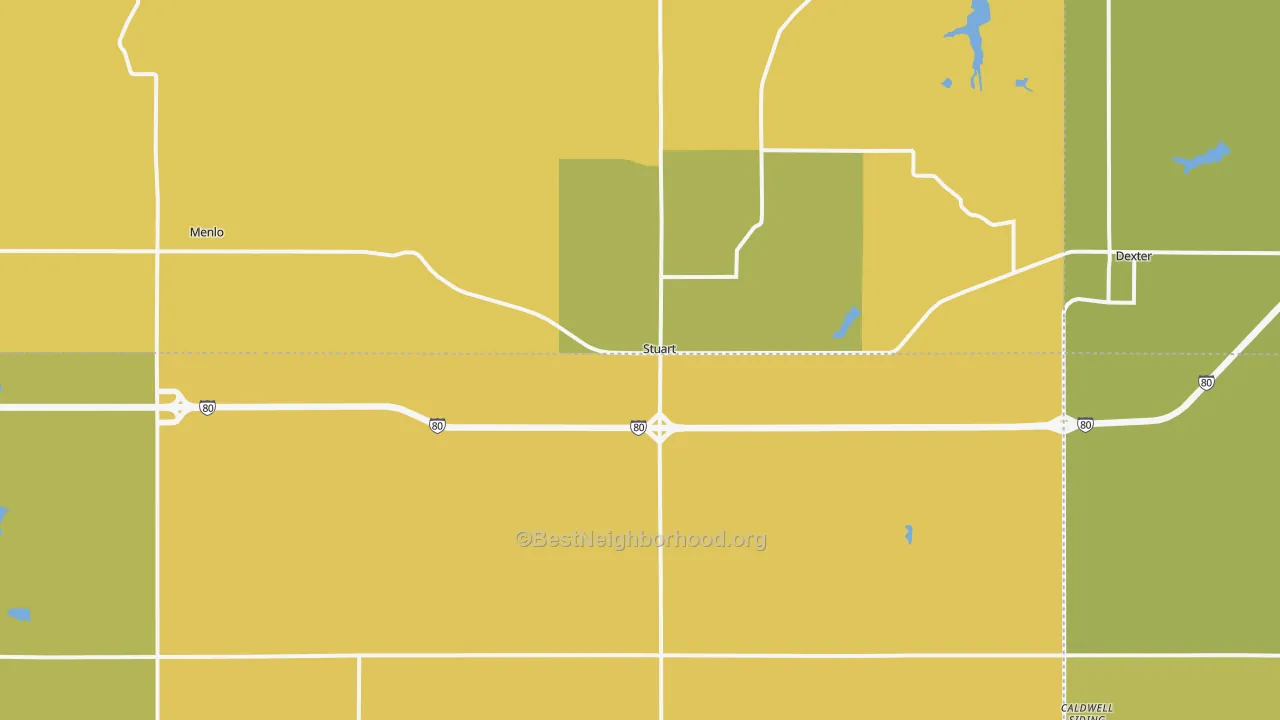 Map of the best neighborhoods in the 50250 area, with better matches in green and worse matches in red