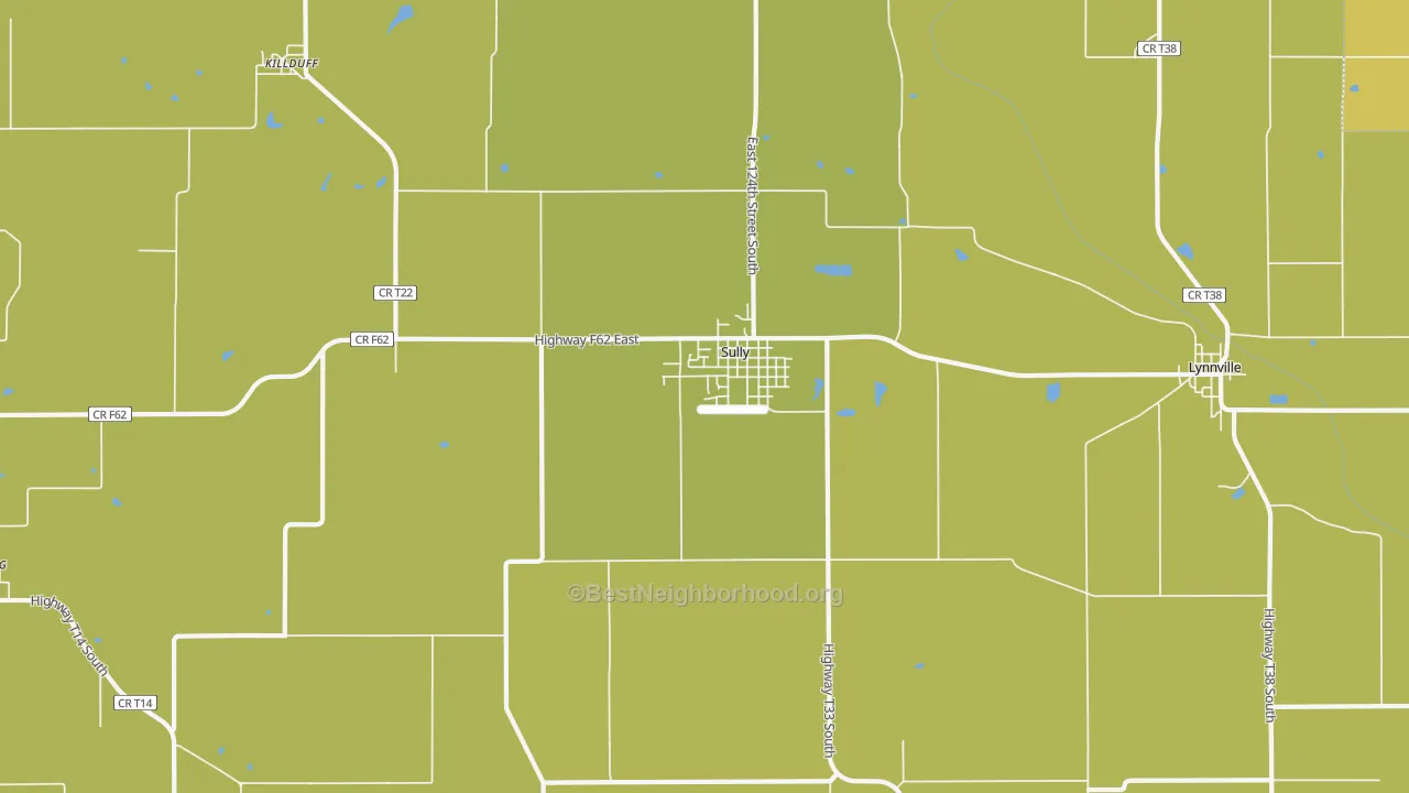 Map of the best neighborhoods in the 50251 area, with better matches in green and worse matches in red