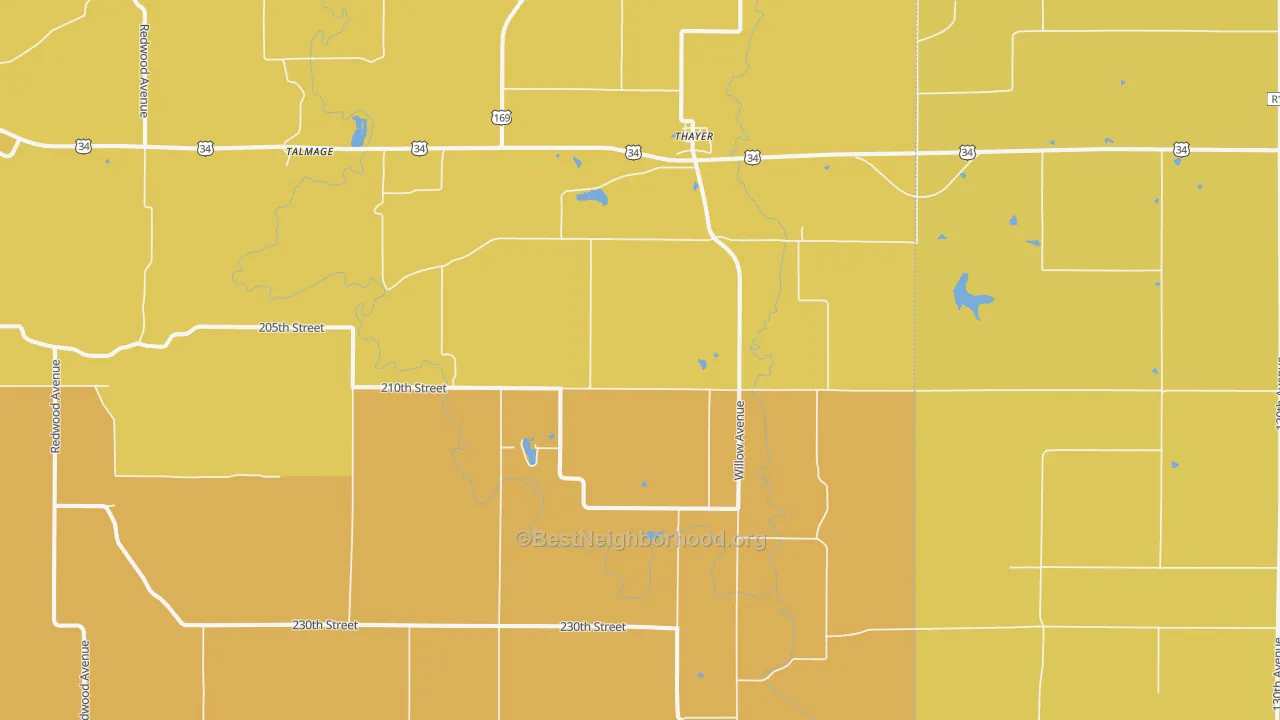 Map of the best neighborhoods in the 50254 area, with better matches in green and worse matches in red