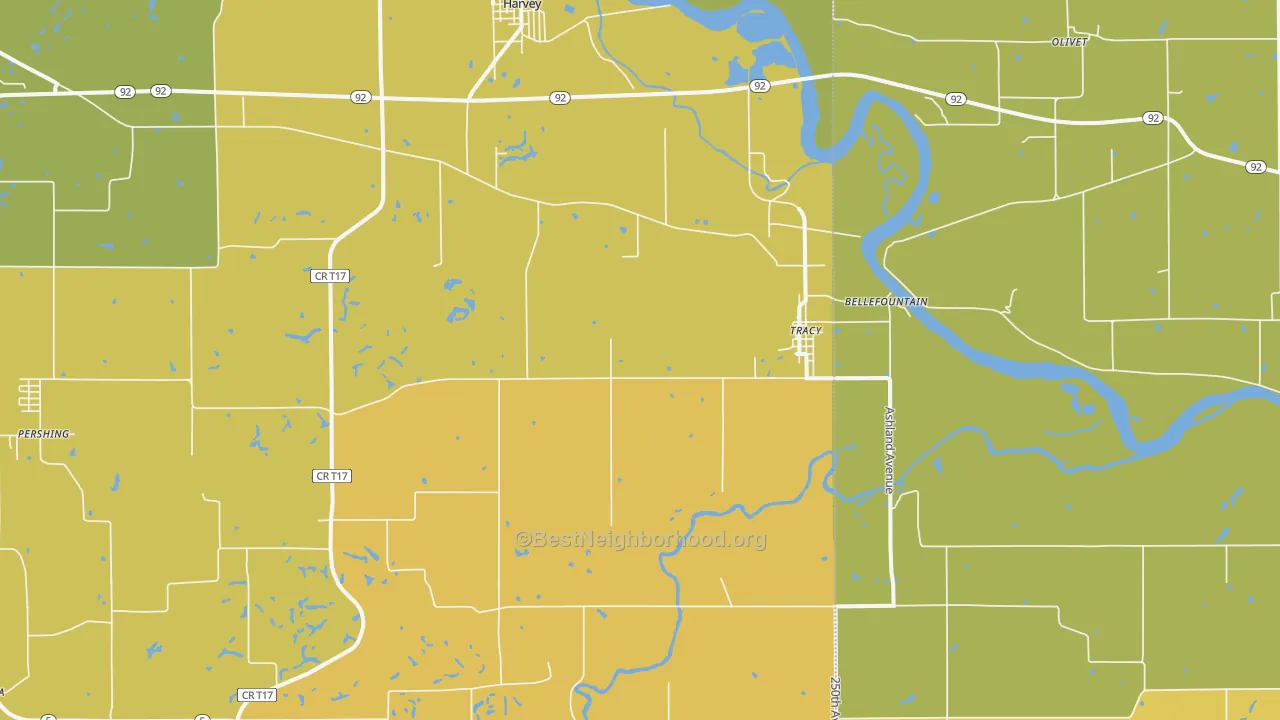 Map of the best neighborhoods in the 50256 area, with better matches in green and worse matches in red