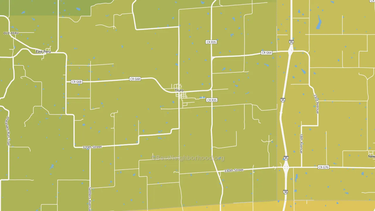 Map of the best neighborhoods in the 50257 area, with better matches in green and worse matches in red