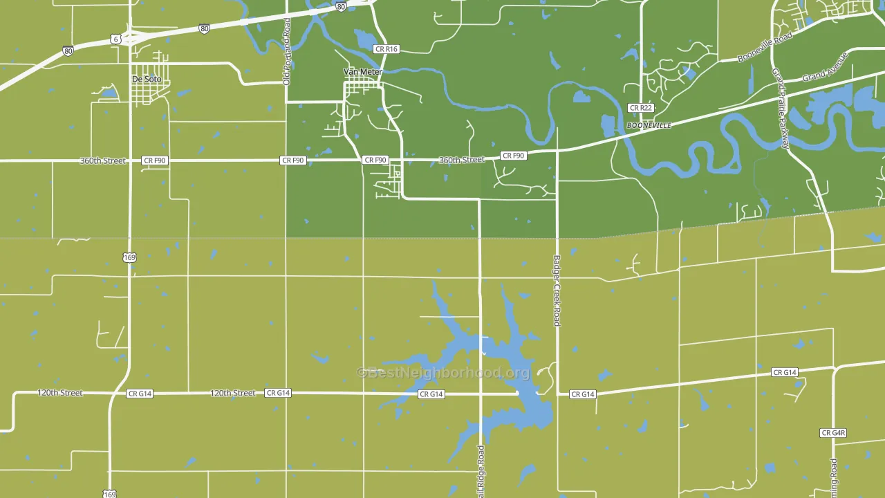 Map of the best neighborhoods in the 50261 area, with better matches in green and worse matches in red