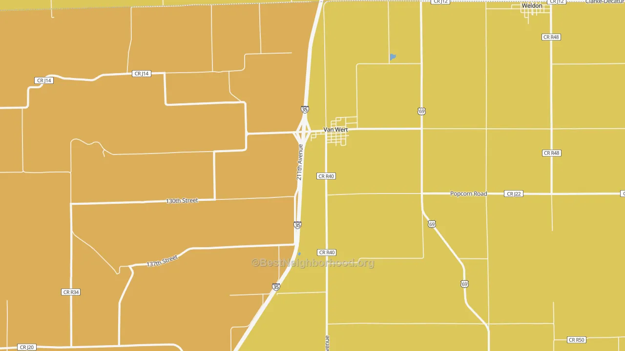 Map of the best neighborhoods in the 50262 area, with better matches in green and worse matches in red