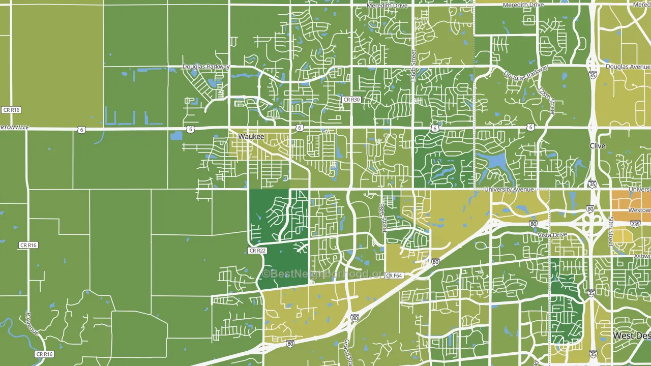 Map of the best neighborhoods in the 50263 area, with better matches in green and worse matches in red