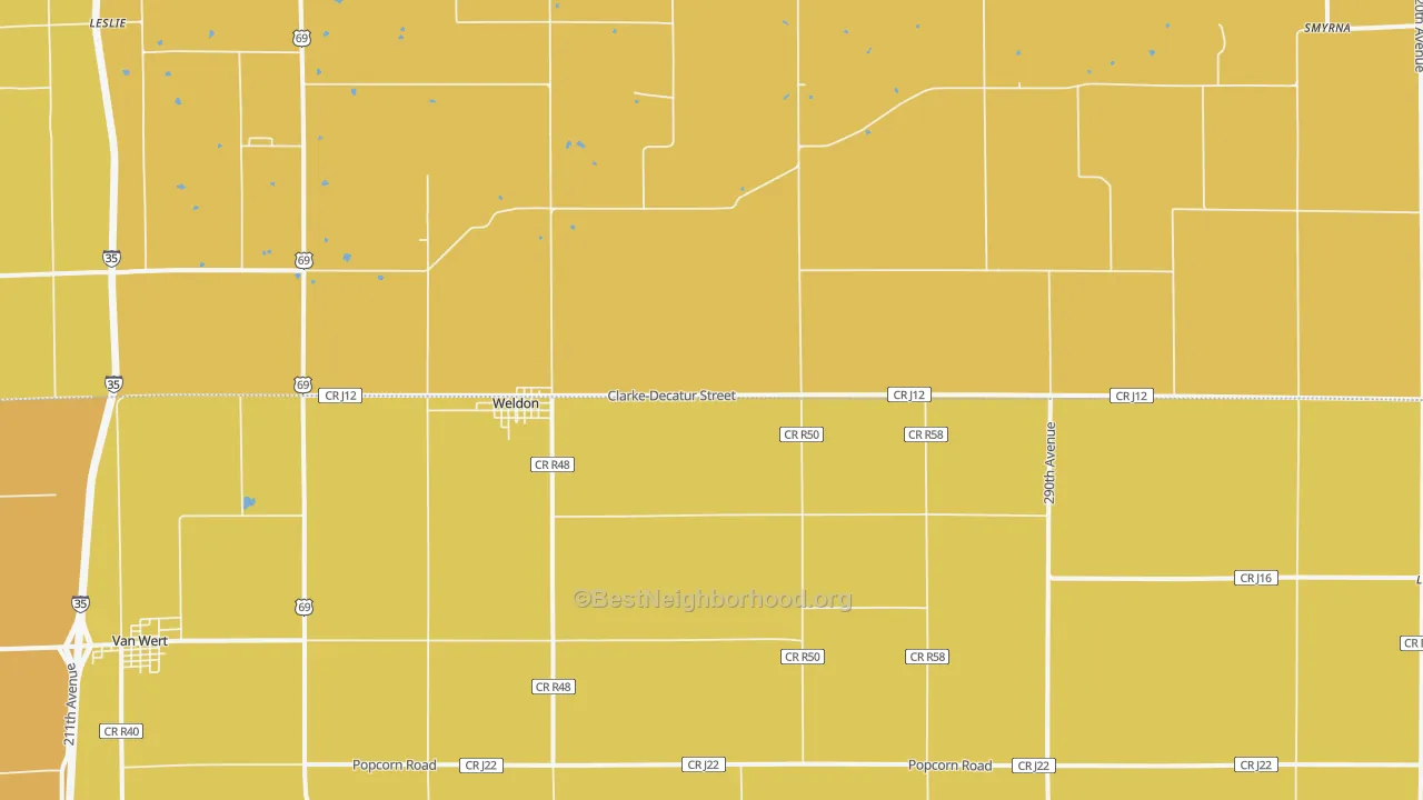Map of the best neighborhoods in the 50264 area, with better matches in green and worse matches in red