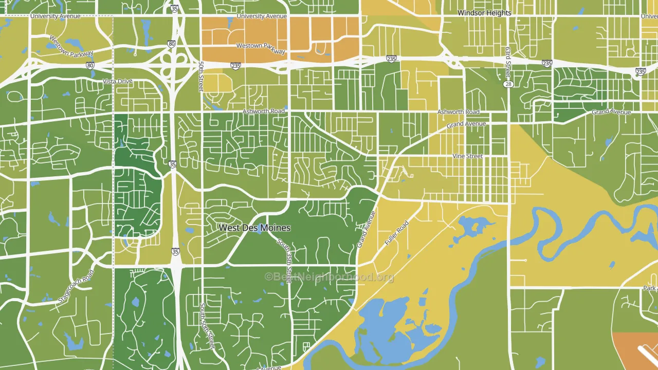 Map of the best neighborhoods in the 50265 area, with better matches in green and worse matches in red