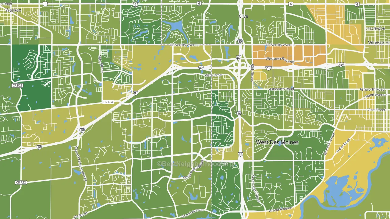 Map of the best neighborhoods in the 50266 area, with better matches in green and worse matches in red