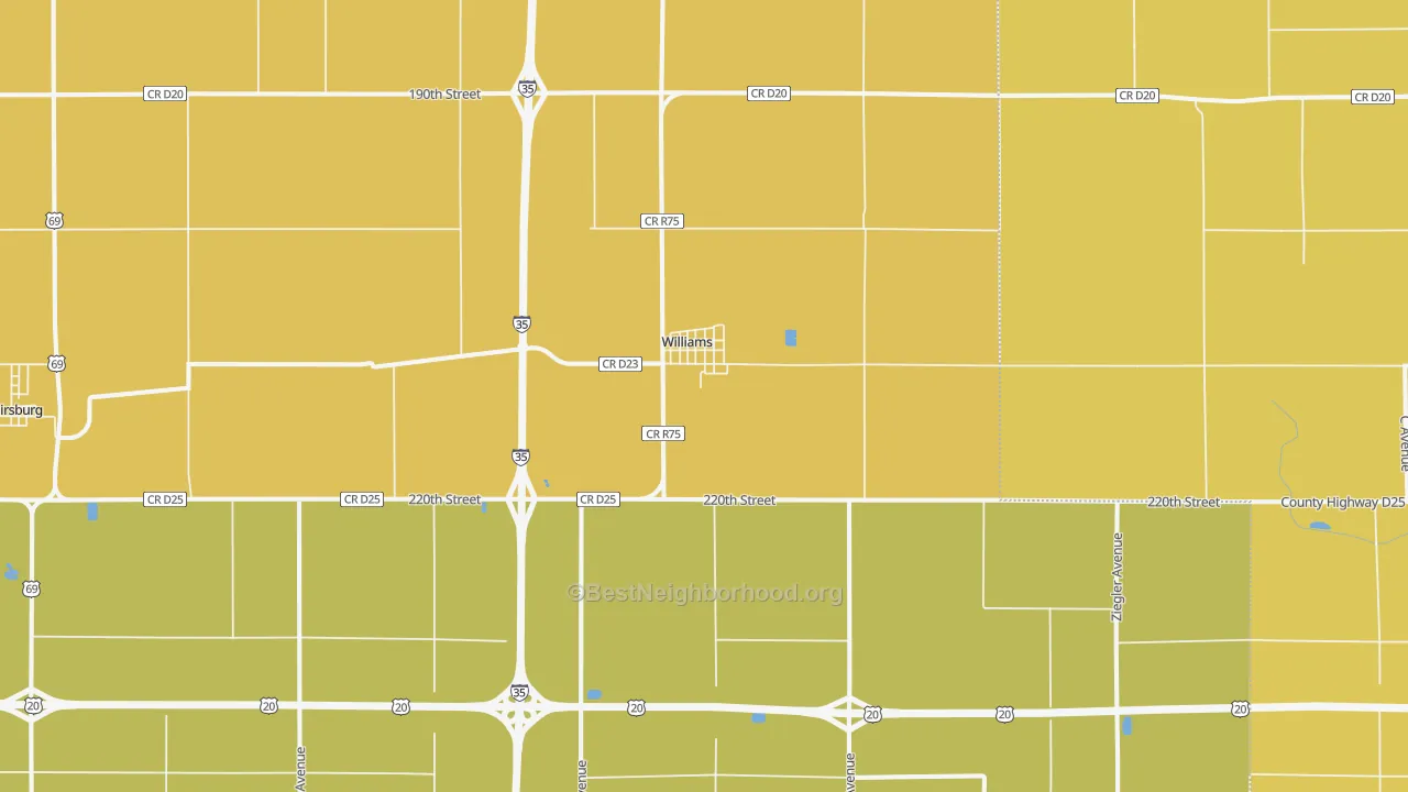 Map of the best neighborhoods in the 50271 area, with better matches in green and worse matches in red