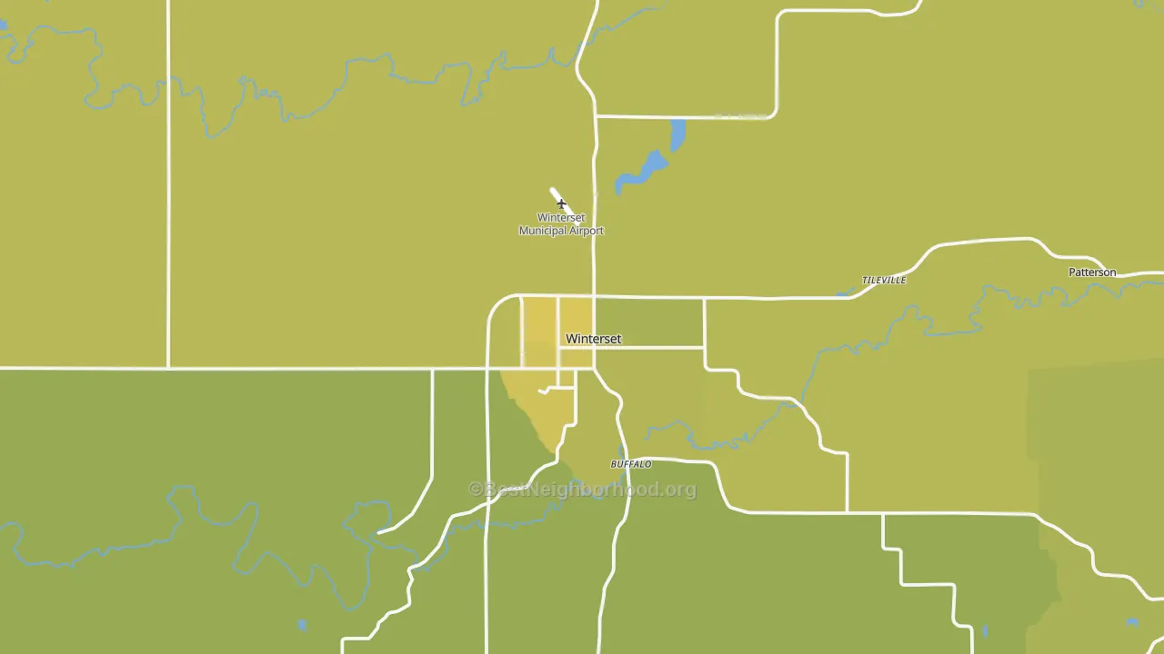 Map of the best neighborhoods in the 50273 area, with better matches in green and worse matches in red