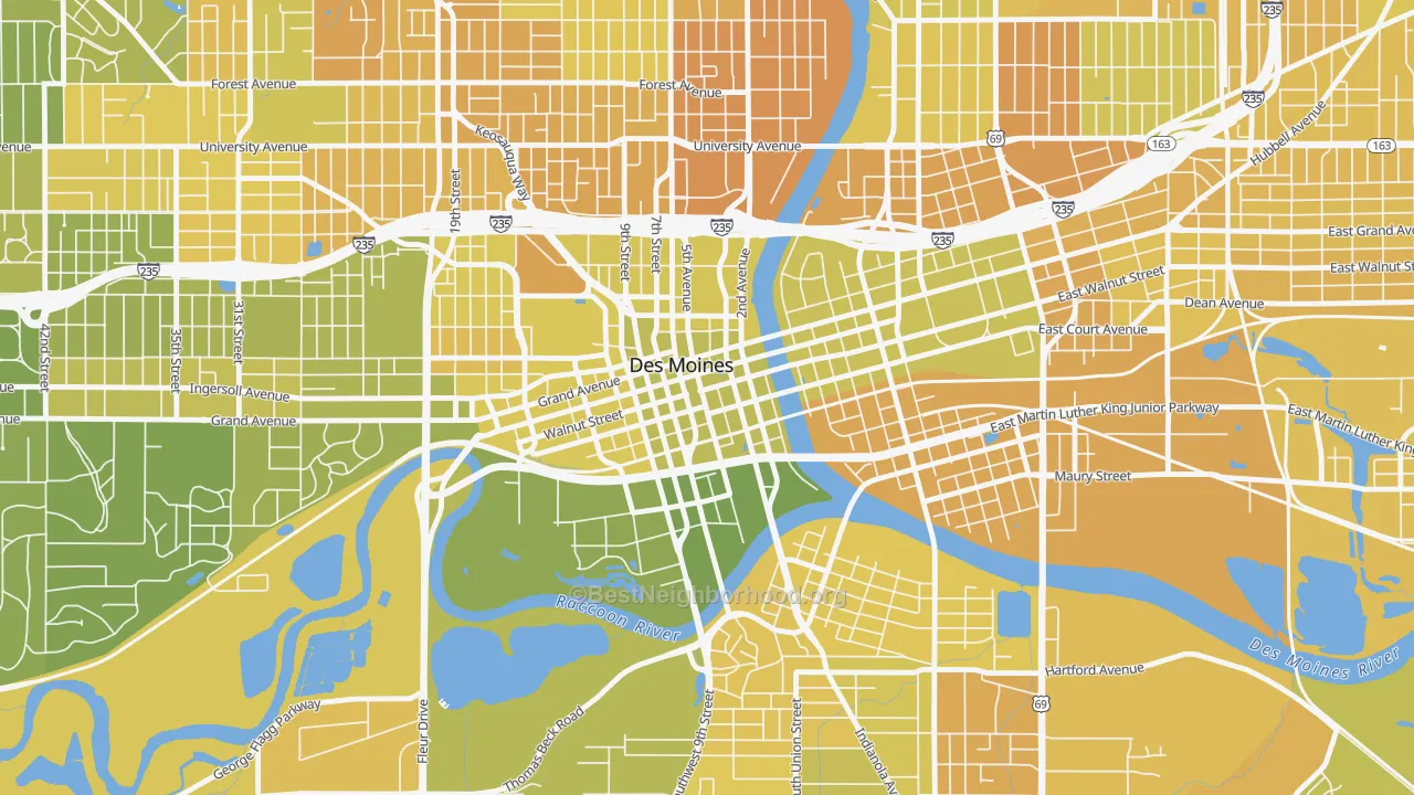 Map of the best neighborhoods in the 50309 area, with better matches in green and worse matches in red