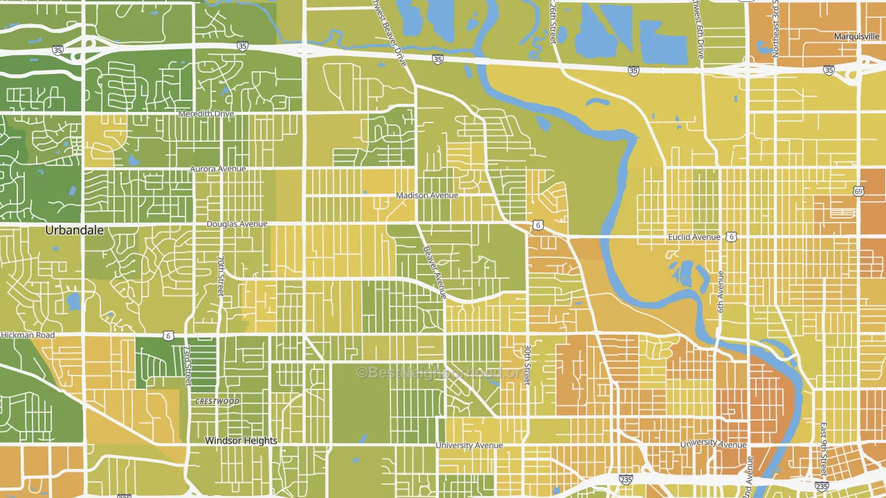 Map of the best neighborhoods in the 50310 area, with better matches in green and worse matches in red