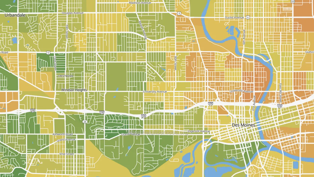 Map of the best neighborhoods in the 50311 area, with better matches in green and worse matches in red