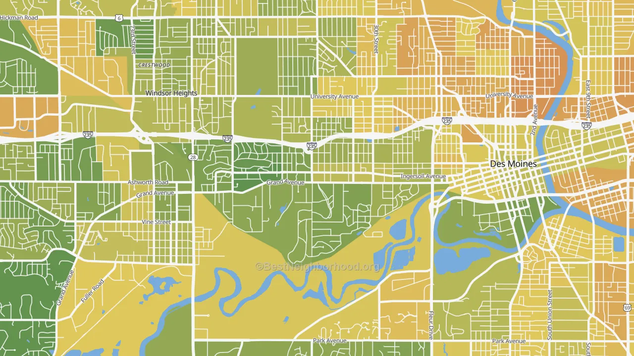 Map of the best neighborhoods in the 50312 area, with better matches in green and worse matches in red