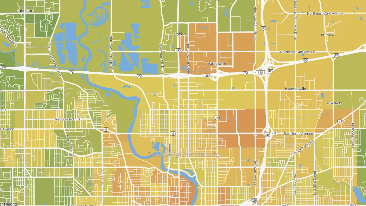 Map of the best neighborhoods in the 50313 area, with better matches in green and worse matches in red