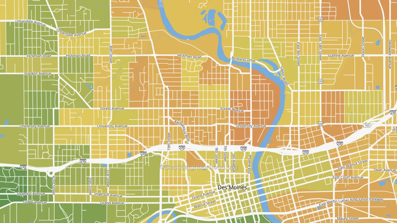 Map of the best neighborhoods in the 50314 area, with better matches in green and worse matches in red