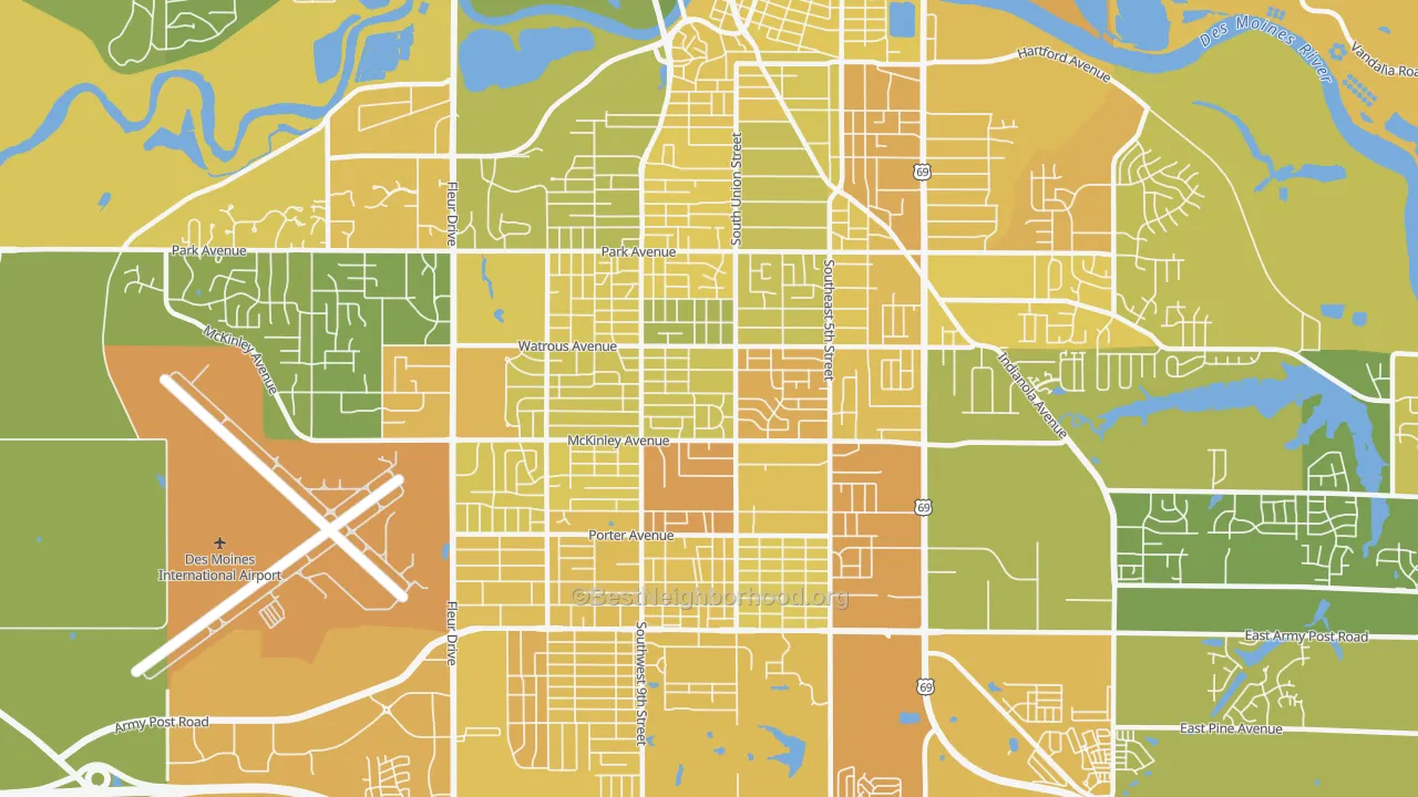 Map of the best neighborhoods in the 50315 area, with better matches in green and worse matches in red