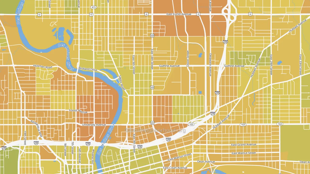 Map of the best neighborhoods in the 50316 area, with better matches in green and worse matches in red