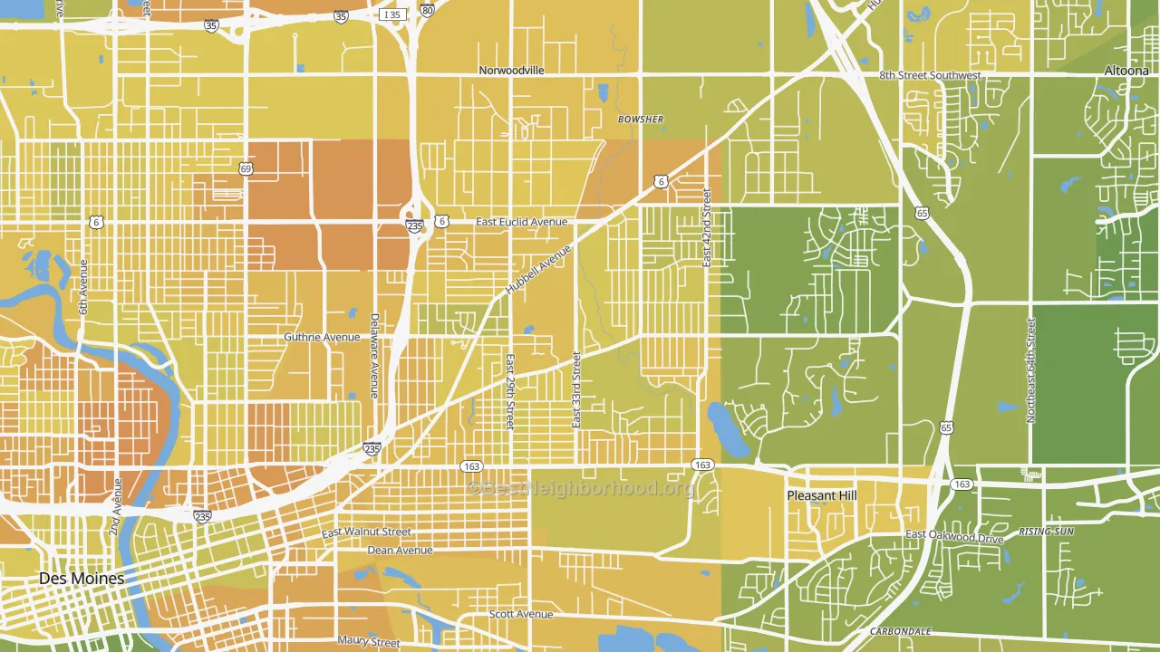 Map of the best neighborhoods in the 50317 area, with better matches in green and worse matches in red