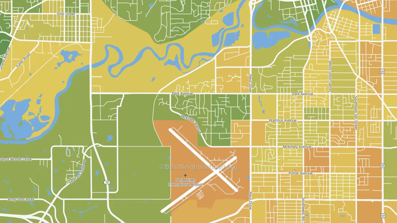 Map of the best neighborhoods in the 50321 area, with better matches in green and worse matches in red