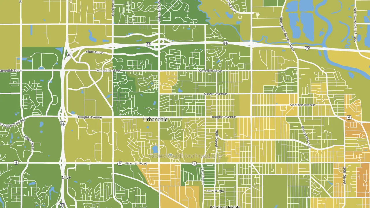 Map of the best neighborhoods in the 50322 area, with better matches in green and worse matches in red