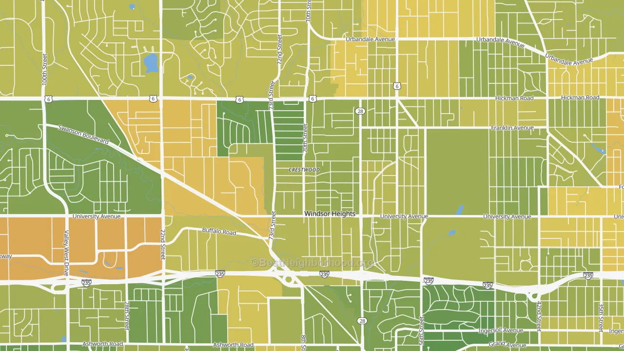 Map of the best neighborhoods in the 50324 area, with better matches in green and worse matches in red