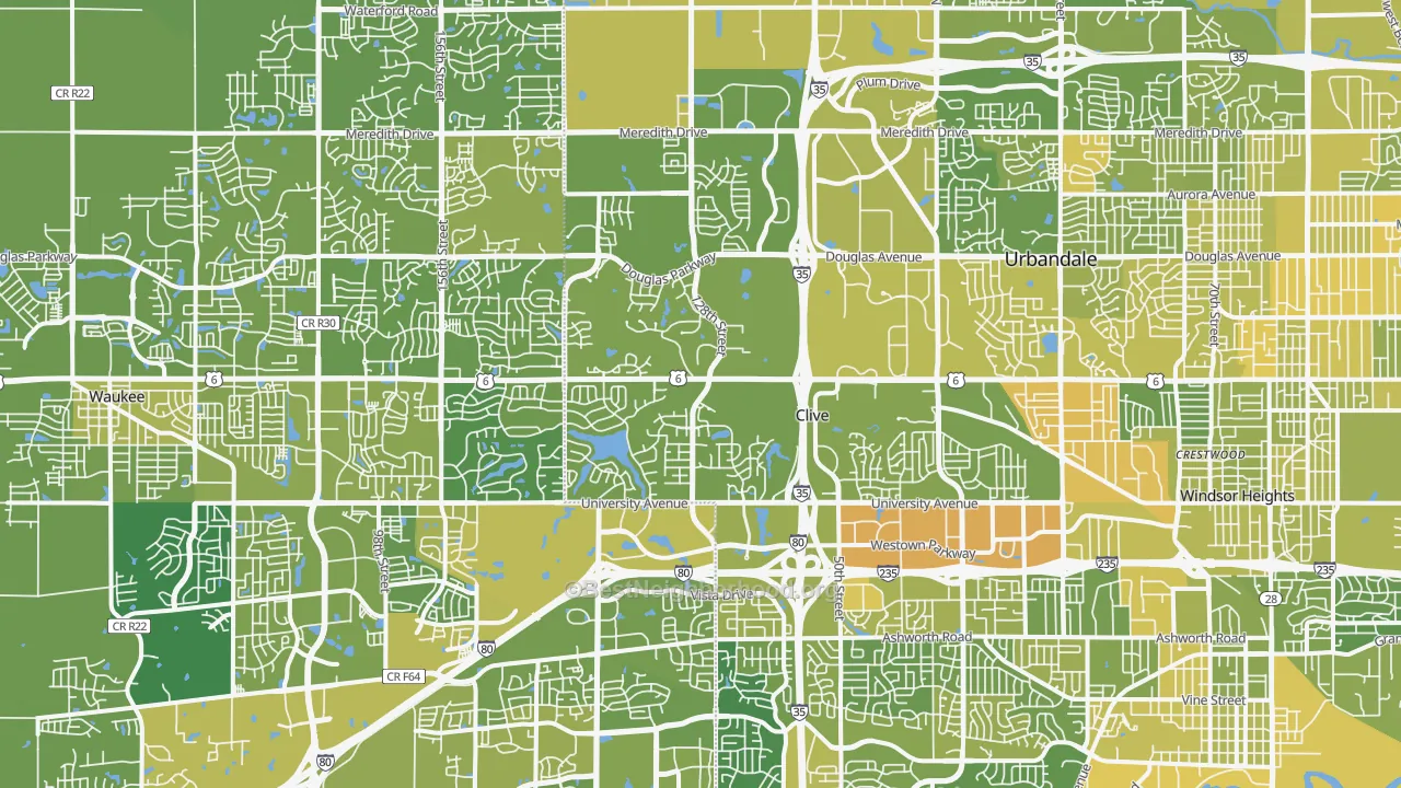 Map of the best neighborhoods in the 50325 area, with better matches in green and worse matches in red
