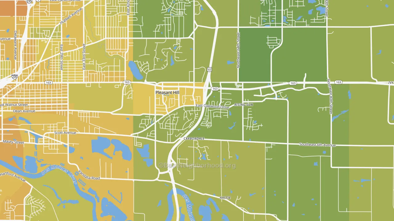Map of the best neighborhoods in the 50327 area, with better matches in green and worse matches in red