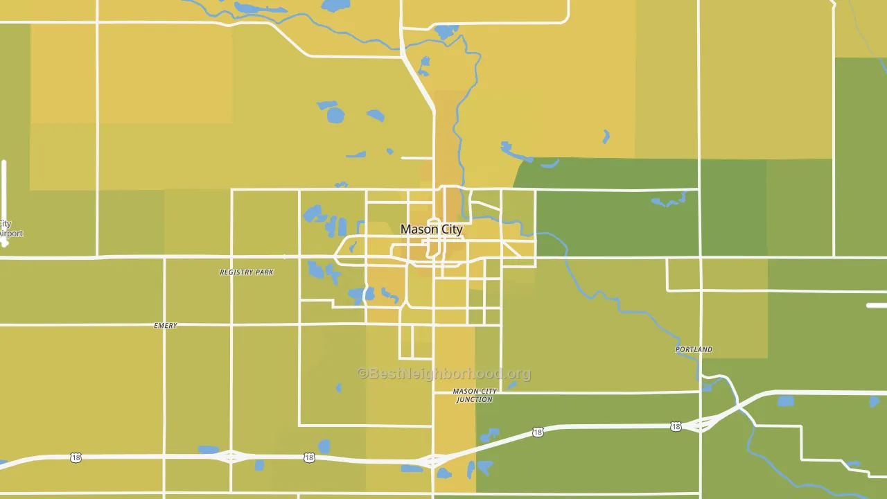 Map of the best neighborhoods in the 50401 area, with better matches in green and worse matches in red