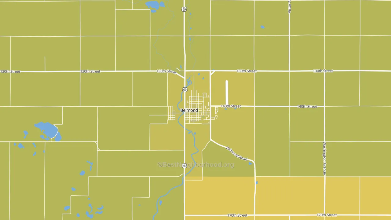 Map of the best neighborhoods in the 50421 area, with better matches in green and worse matches in red